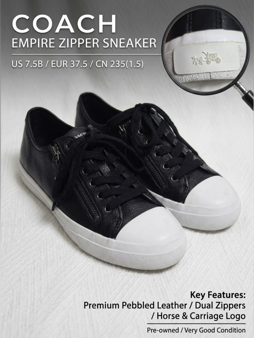 COACH Black Leather Empire Side-Zip Low Top Sneaker Size 7.5B